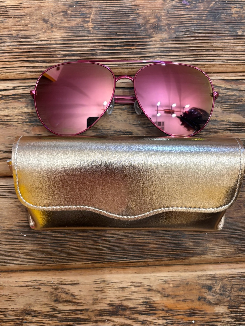 Rebecca Minkoff Metallic Pink Aviator Sunglasses with Gold Case